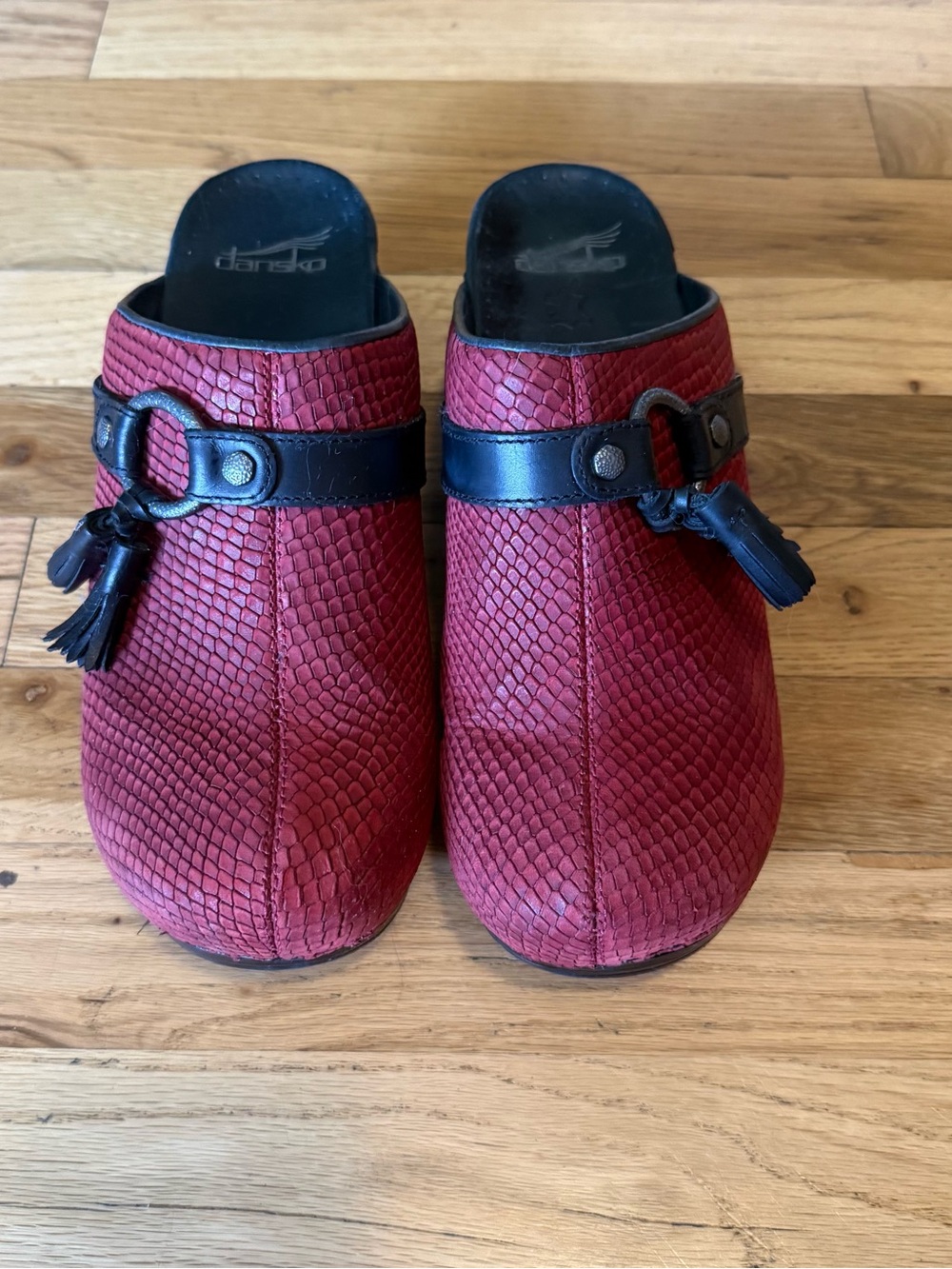 Dansko Red Textured Leather Clogs with Black Strap and Tassel